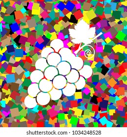 Grapes sign illustration. Vector. White icon on colorful background with seamless pattern from squares.