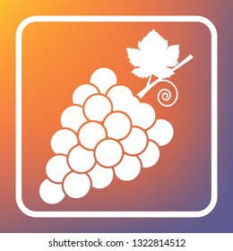 Grapes sign illustration. Vector. White icon on transparent button at orange-violet gradient background.