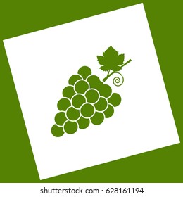 Grapes sign illustration. Vector. White icon obtained as a result of subtraction rotated square and path. Avocado background.