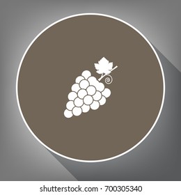 Grapes sign illustration. Vector. White icon on brown circle with white contour and long shadow at gray background. Like top view on postament.