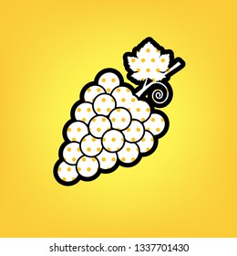 Grapes sign illustration. Vector. Yellow polka dot white icon with black contour at warm yellow background.