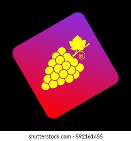 Grapes sign illustration. Vector. Yellow icon at violet-red gradient square with rounded corners rotated for dynamics on black background.