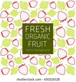 Grapes, strawberries, abstract fruit postcard, fresh organic fruit, vector illustration, healthy eating, vector background