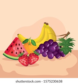 Grapes strawberries watermelon orange and banana design, Fruit healthy organic food sweet and nature theme Vector illustration