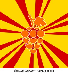 Grapes symbol on a background of red flash explosion radial lines. The large orange symbol is located in the center of the sun, symbolizing the sunrise. Vector illustration on yellow background