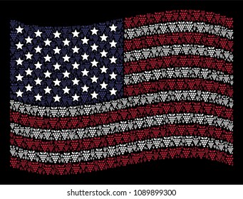 Grapes symbols are arranged into waving USA flag stylization on a dark background. Vector composition of America state flag is made from grapes items. Designed for political and patriotic purposes.