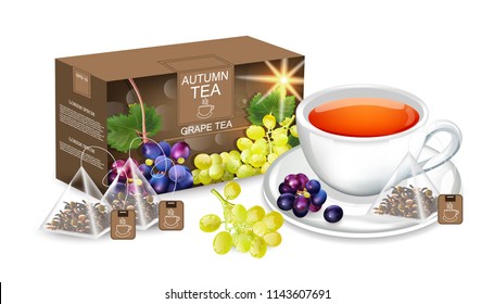 Grapes tea Vector realistic. Product packaging mock up. Cup of tea and tea bags detailed 3d illustrations