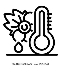 Ícone de uva e termômetro. Contorno de uvas e ícone de vetor de termômetro para web design isolado no fundo branco