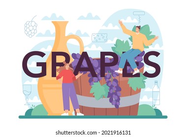 Grapes typographic header. Wine in a bottle and glass full of alcohol drink. Red wine with appetizer. Isolated vector illustration