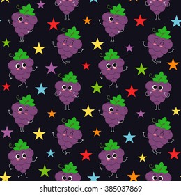 Grapes, vector seamless pattern with cute fruit characters on dark background with colorful stars