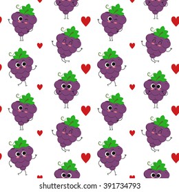 Grapes, vector seamless pattern with cute fruit characters and hearts isolated on white