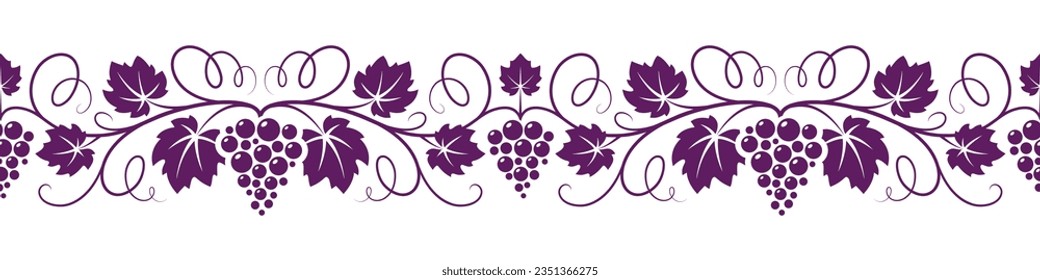 Grapes vine seamless horizontal pattern. Decorative illustration for grape juice or wine label, banner design.