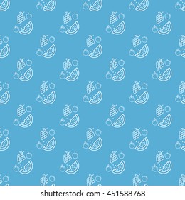 Grapes, watermelon, apple, orange outline icon Seamless summer pattern. vector illustration