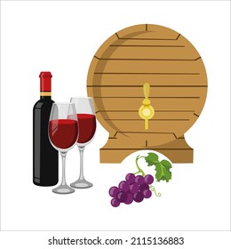 Grapes, wine barrel, bottle of wine and filled glasses.Vector illustration in flat style.