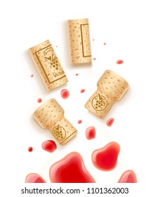 Grapes wine bottle cork and beverage drops. Wooden taps. Wines card concept design on white background. EPS10 vector illustration.
