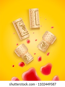 Grapes wine bottle cork and beverage drops. Wooden taps. Wines card concept design on yellow background. EPS10 vector illustration.