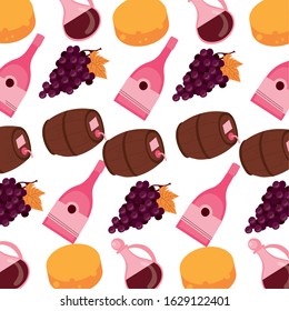 grapes with wine bottles and barrels pattern background vector illustration design