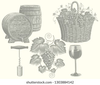 Grapes and wine. Design set. Hand drawn engraving. Editable vector vintage illustration. Isolated on white  background. 8 EPS