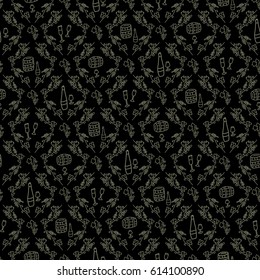 Grapes, wine, glass, barrel hand drawn seamless pattern in vector