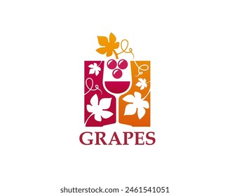 Grapes and wine glass icon for winery or winemaking company label, vector emblem. Wineglass with grape vine leaf icon for alcohol drink bottle, premium brand vineyard and viniculture sign