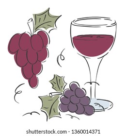 Grapes, wine glass vector elements. Hand drawn red wine and grapes isolated on white background