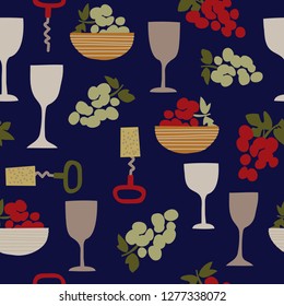 Grapes, Wine Glasses & Cork Screw Seamless Repeat Print - Vector Illustration