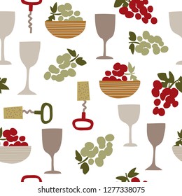 Grapes, Wine Glasses & Cork Screw Seamless Repeat Print - Vector Illustration