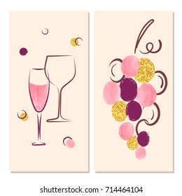 Grapes and wine glasses vector illustration for menu, bar, restaurant, wine list.