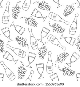 Grapes and wine: simple drawings seamless pattern, vector illustration, coloring page, transparent swatch.
