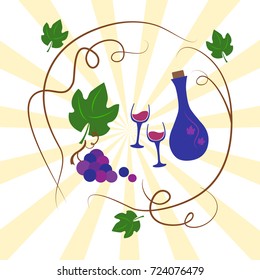 Grapes, wineglass and wine bottle picture, vector illustration