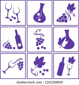 Grapes, wineglass and wine bottles. Set of square purple icons. Vector illustration