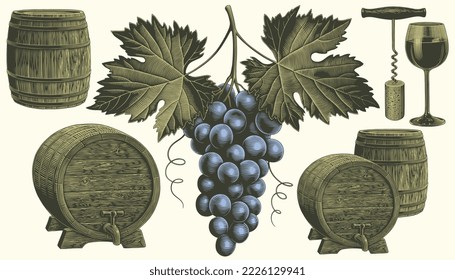 Grapes and winemaking. Design set. Editable hand drawn illustration. Vector vintage engraving. 8 EPS