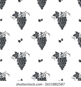 Grapevine Black and white Seamless Pattern. Grapes with Leaves and Tendrils.