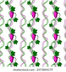 Grapevine branch surrounded by abstract lines. Seamless vector background. Pattern