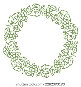 Grapevine circle frame floral ornament. Thick line pattern. Grape branches and leaves. Editable outline stroke. Vector line.