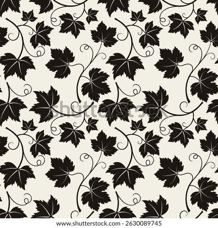 Grapevine with leaves pattern, dark vine silhouette on beige background.
