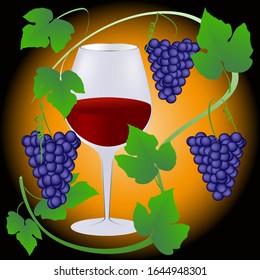 Grapevine on an abstract background and a glass of red wine vector illustration