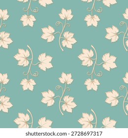 Grapevine ornament, pattern with creme vine silhouette and gold contour on blue pastel background. Textile background