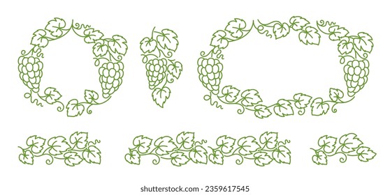 Grapevine ornament wine label kit. Bunch of grapes and leaves. Editable outline stroke. Vector line.