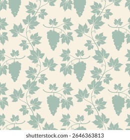 Grapevine pattern, green bunches of grapes silhouettes on beige background.