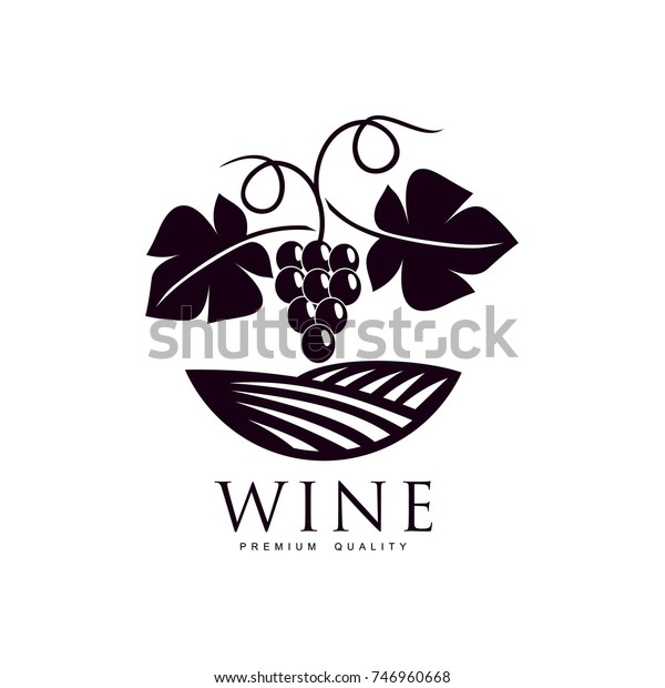 ブドウの畑の背景にブドウと熟したブドウ 葉 エレガントな会社のロゴ ブランドアイコンデザイン 白い背景に分離型イラスト のベクター画像素材 ロイヤリティフリー