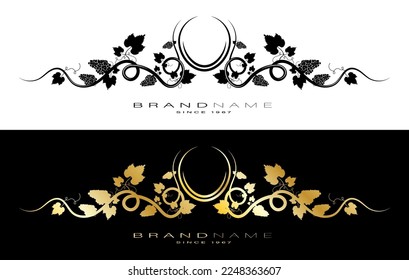 Grapevine scroll, header with brand name of alcoholic products. Decorative black and golden element for label design with grapes silhouette. Vector isolated on white background