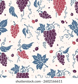 Grapevine Seamless Pattern. Purple Grapes with Leaves and Tendrils. Hand-drawn Vector Illustration 