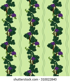 Grapevine seamless pattern, purple grapes with green leaves on light green background