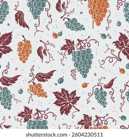 Grapevine Seamless Pattern. Retro Color Palette. Hand Drawn Grapes with Leaves and Tendrils. Botanical Vintage Illustration. Vector for Wallpaper, Textile, Packaging Design