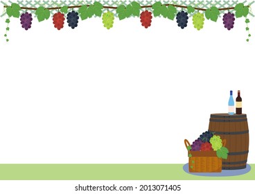 Grapevine Trellis, Wine Barrel, Bottle, Harvest Basket Background
