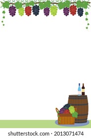 Grapevine Trellis, Wine Barrel, Bottle, Harvest Basket Background
