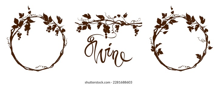 Grapevine - vector illustration. Design elements with a twisting vine with leaves and berries. Frame with vine.	