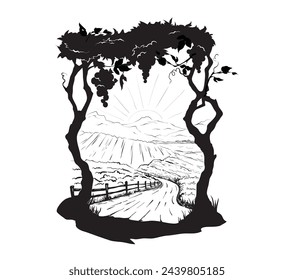 Grapevine - vector illustration. Design elements with a twisting vine and landscape in the background. Freehand drawing, frame with vine.	