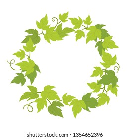 Grapevines plant frame circle banner. Round border grape frame. Place for text name or logo. Grapes green leaves. Vector flat Illustration.